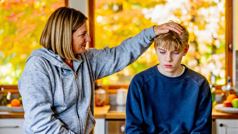 Mother in a gray zip-up hoodie resting her hand on her pale, tired teenage son's head at a kitchen counter on a fall morning