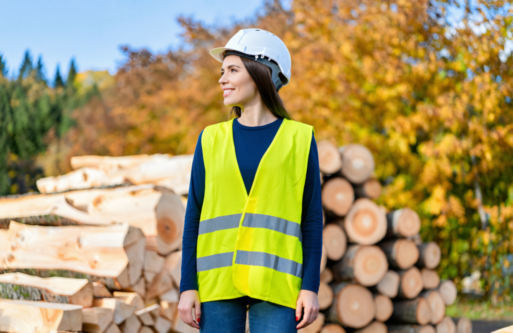 Smiling woman in a white hard hat and yellow safety vest at a lumber yard on an autumn day, starting a new job that may require a pre-employment drug test