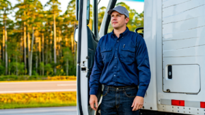 Truck driver in a navy button-up work shirt and gray cap standing by the open door of a white semi truck cab, a CDL driver facing a DOT drug test