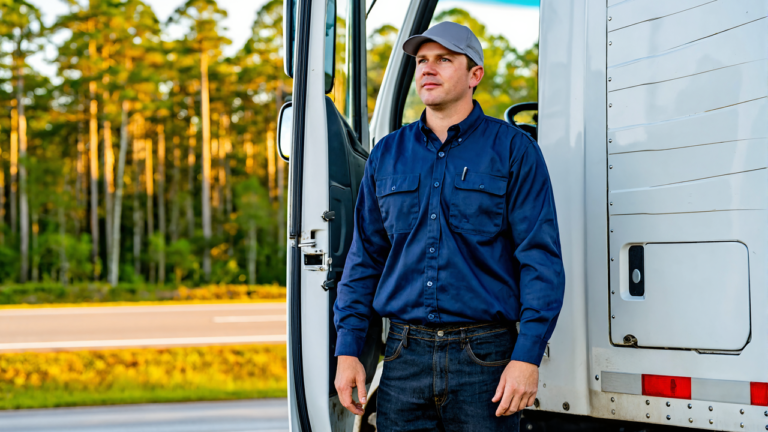 Truck driver in a navy button-up work shirt and gray cap standing by the open door of a white semi truck cab, a CDL driver facing a DOT drug test