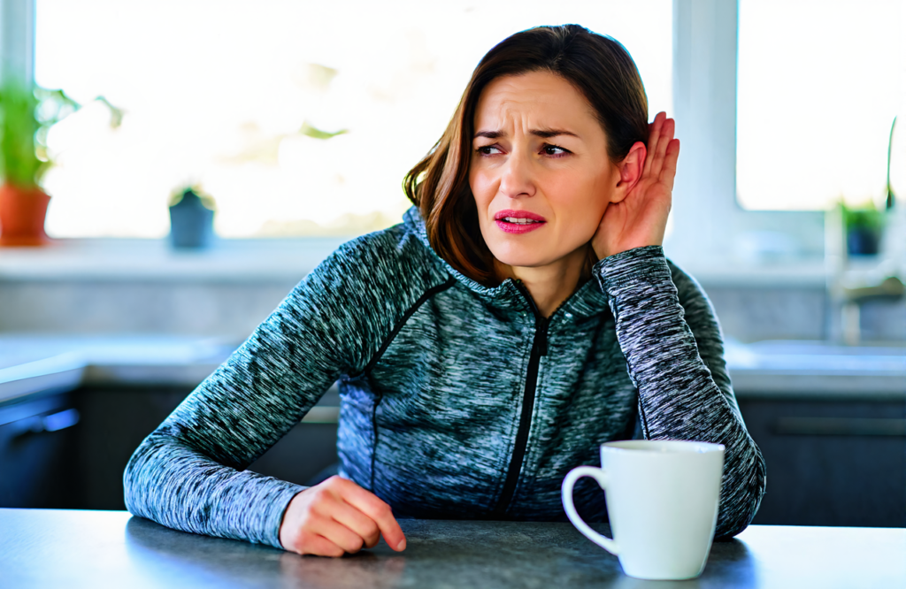 Woman in a gray zip-up hoodie at a kitchen table cupping her hand behind one ear with a puzzled look, as if that ear feels plugged and muffled