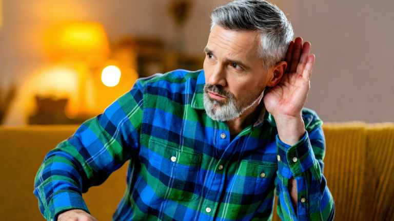 Gray-haired man in a blue and green plaid flannel shirt cupping a hand behind his ear as he strains to hear in his living room, a muffled-hearing moment that can lead to earwax removal