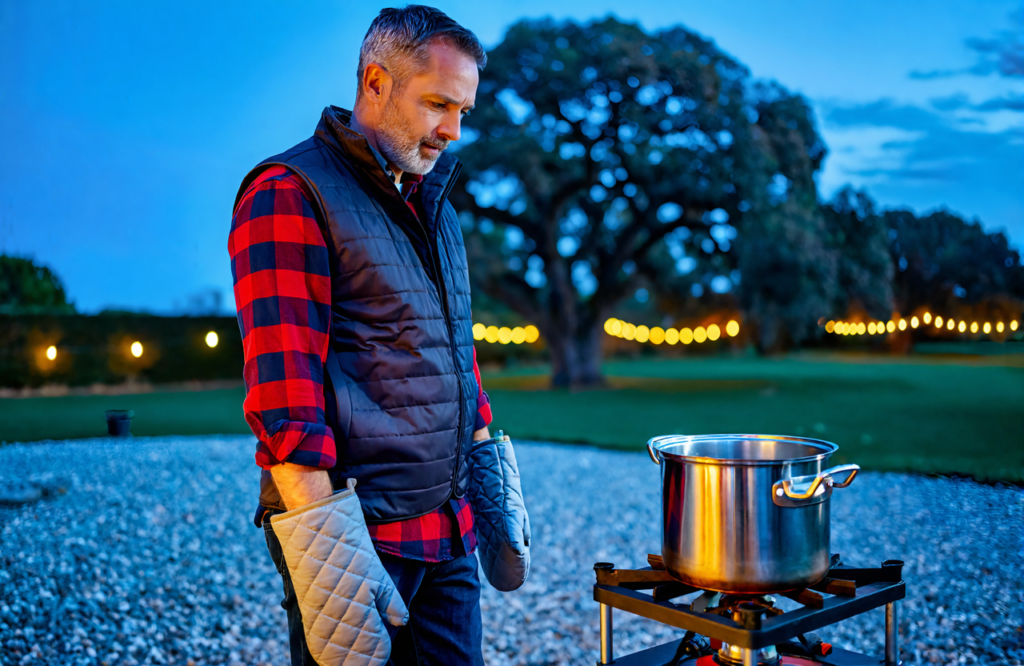Man in a flannel shirt, quilted vest and oven mitts standing beside an outdoor propane cooker and stockpot at dusk