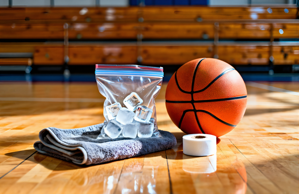 Ice cubes in a clear plastic bag on a gray towel beside athletic tape and a basketball on a gym floor, simple jammed finger first aid