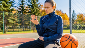 Woman in a navy track jacket on a bench by an outdoor basketball court, checking her ring finger for a jammed finger or a break
