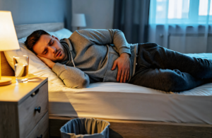 Man in a gray hoodie lying on his bed with a hand on his stomach from norovirus symptoms, a glass of water on the nightstand