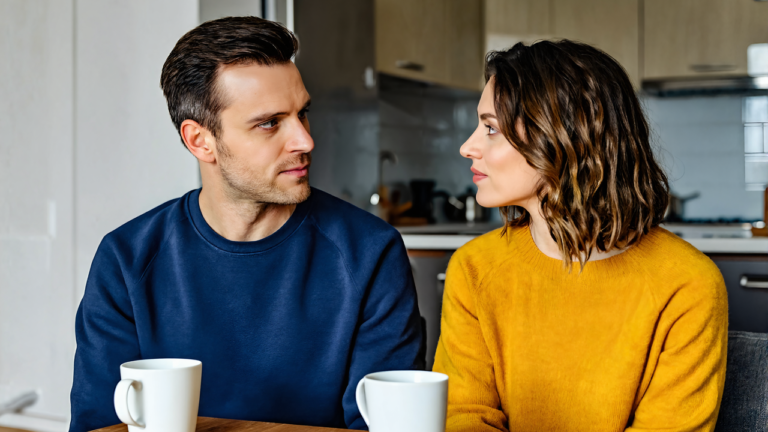 Man in a navy sweatshirt and woman in a mustard sweater having a serious talk at a kitchen table about STD testing
