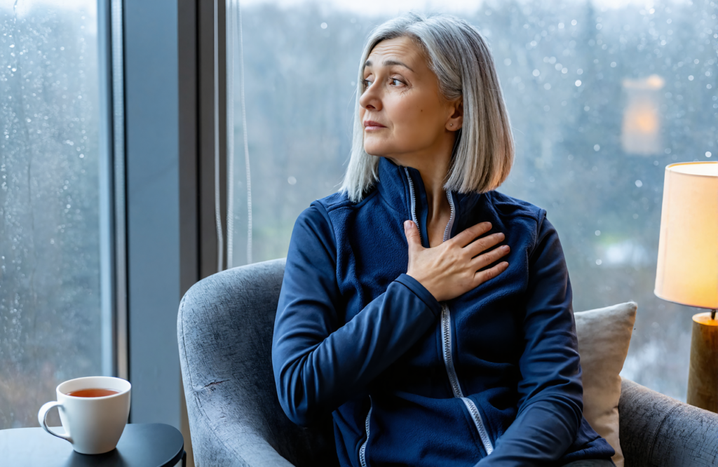 Older woman with silver hair in a navy zip-up fleece resting a hand on her chest beside a rainy window