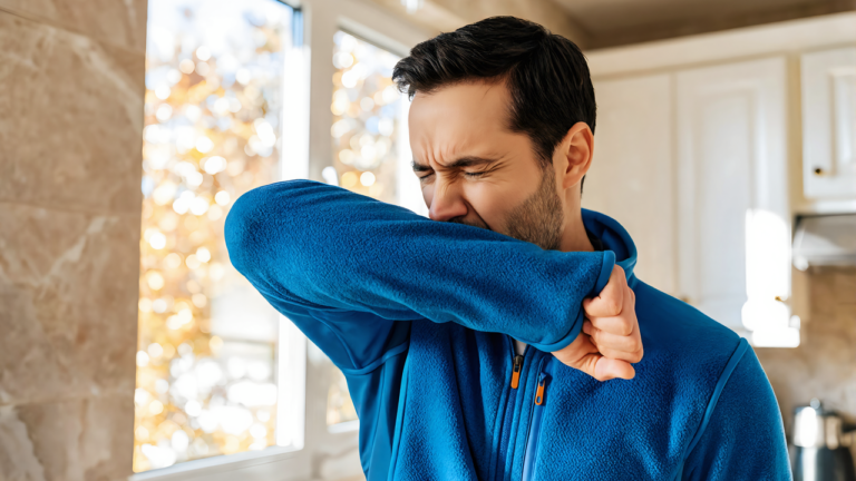 Man in a blue zip-up fleece coughing into the bend of his elbow in a sunny home kitchen, a common walking pneumonia symptom