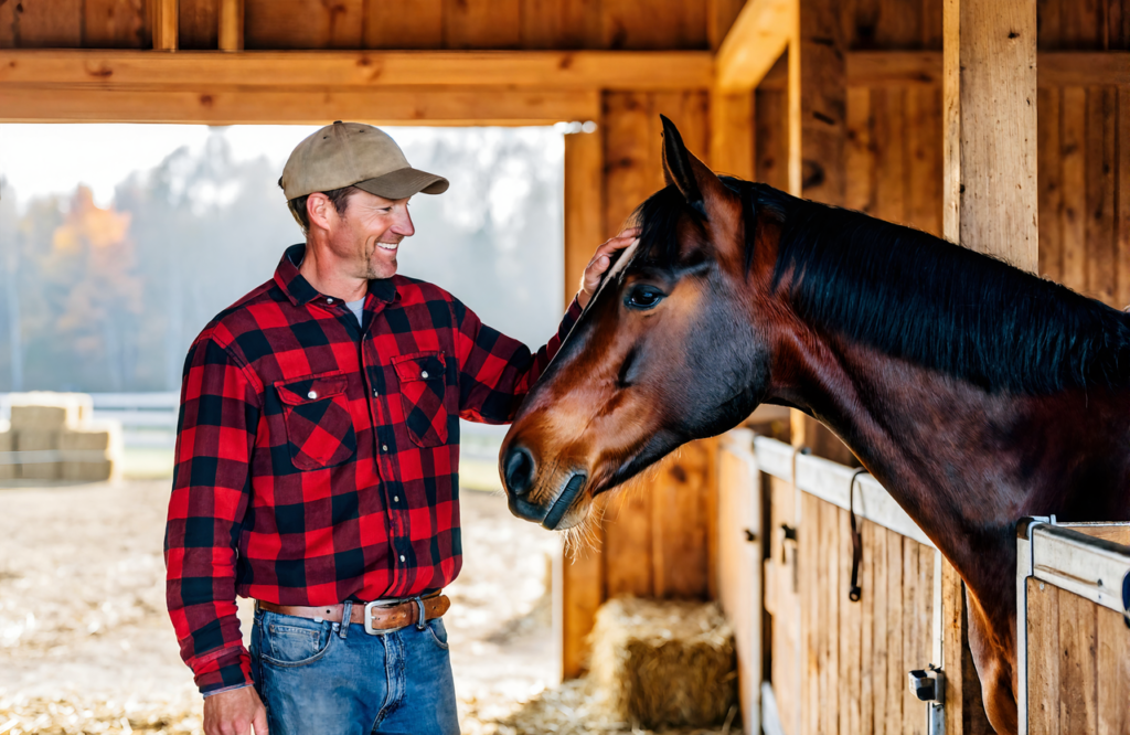 Man in a red plaid flannel shirt petting a bay horse inside a wooden barn with hay bales, where soil and manure are part of daily chores
