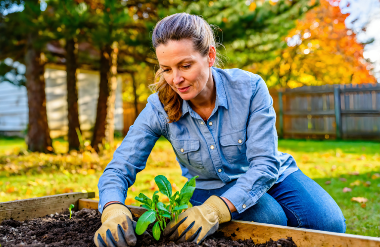 Woman in gardening gloves planting a seedling in a raised bed during fall yard work, when a tetanus shot question can come up